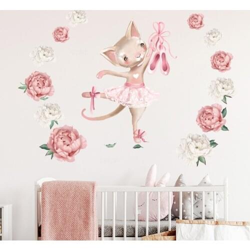 Watercolor Ballet Dance Cat Peony Flower Wall Stickers for Kids Room Baby Nursery Decoration Wall Decals PVC Removable Stickers