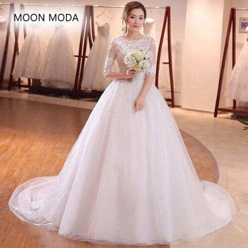 Half sleeve white wedding dresses 2020 with long tail brides formal plus size lace up vestidos de noivas real photo