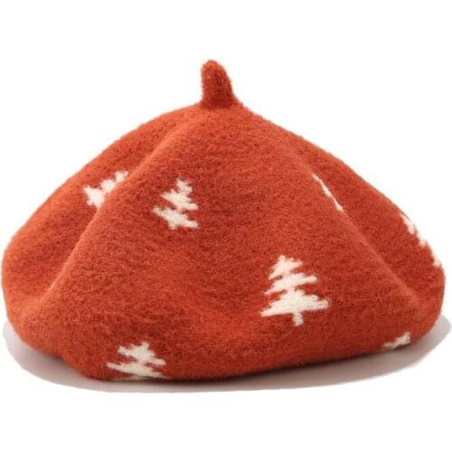 Beret womens Christmas tree sweet and versatile student painters hat female pumpkin hat autumn and winter retro Wool Beret