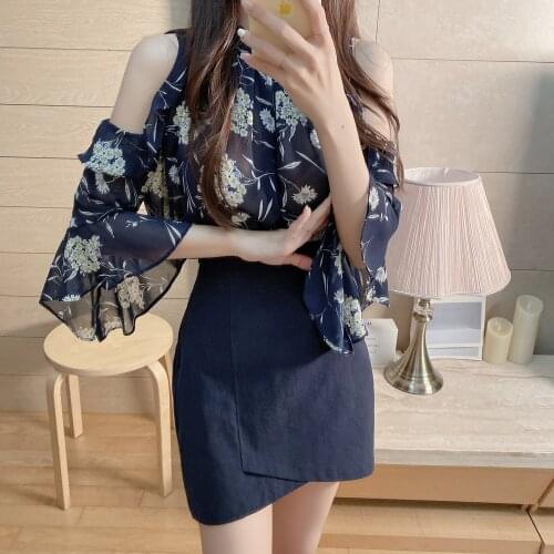Flower Printing Ruffled Sweet Blouse Women Summer Tops Halter Neck Off Shoulder Ladies Blouse Chemise Blusa Mujer