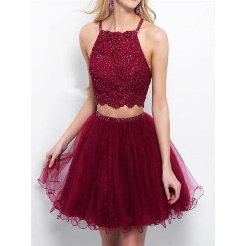 Burgundy Appliques Tulle Short Prom Dresses Beaded Piping Formal Party Gowns Two Pieces Homecoming Cocktail Dresses