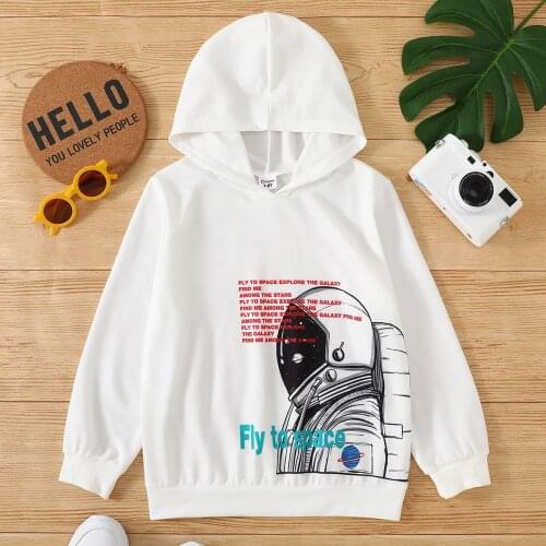 PatPat Kid Boy Letter Astronaut Print White Hoodie Sweatshirt