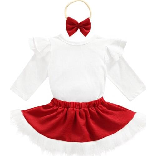 2021 0-24M Baby Girl Christmas Clothes Set Solid Color Ruffle Shoulder Long-Sleeve Romper+Red Fluffy Skirt+Headband Costume 3pcs