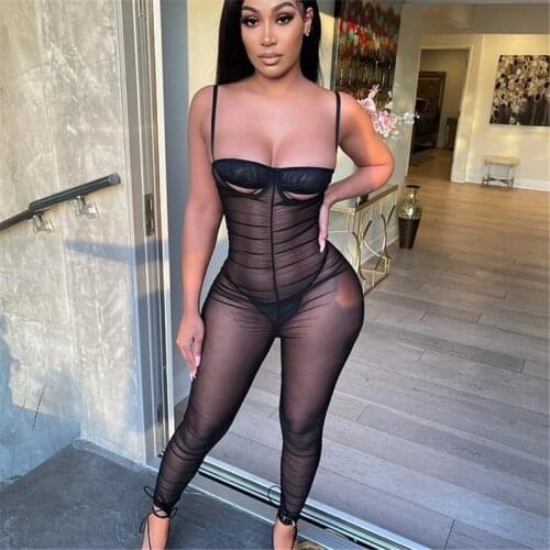 CHRONSTYLE Jumpsuits 2021 Sexy Women Mesh Sheer See Through One-piece Suit Sleeveless Strap Low Cut Backless Long Pants Rompers