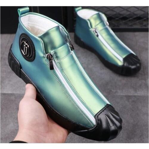 Green Sneakers Punk Street British Style Casual Ankle Boots Men High Top Zipper Black Bottom Flat Platform Shoes for Male
