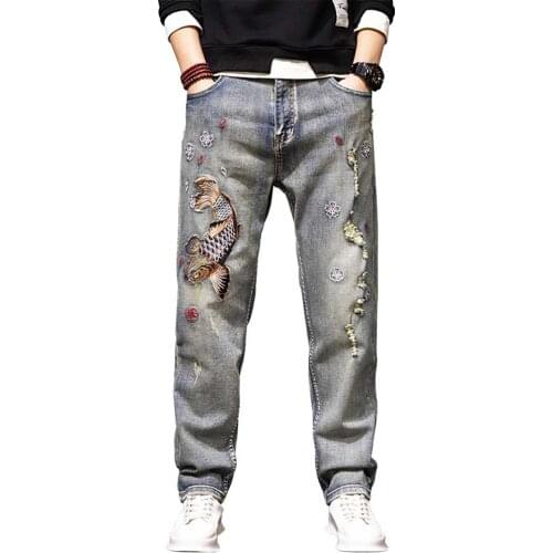 Fashion Embroidered Denim Men Casual Straight Loose Baggy Trousers Streetwear Pants Ripped Distressed Jeans Plus Size Clothing