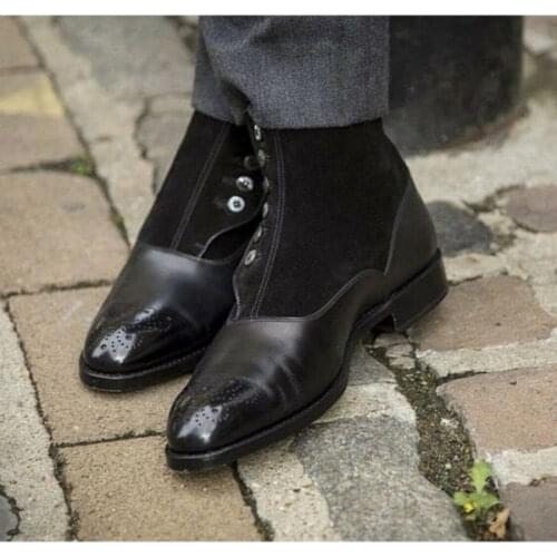 New Men Pure Black PU Leather and Black Suede Button Men Boots Fashion Suit Boots Comfortable Business Dress Boots 5KE423