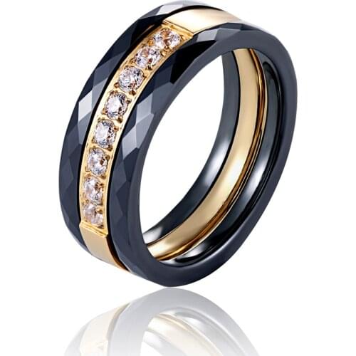 New Hot Black/Pink/White Ceramic Rings Stainless Steel Ceramic 3Pcs/Set Wedding Ring With Crystal Jewelry For Women