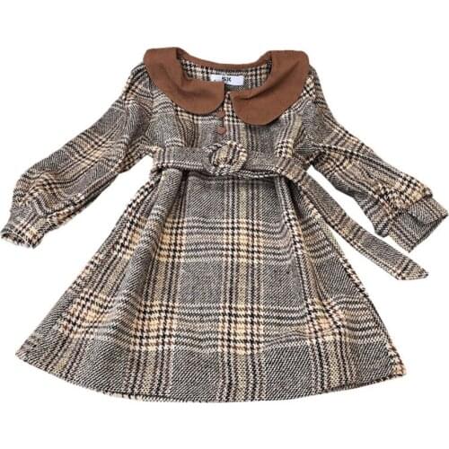 Autumn winter plaid baby girl woolen dress kids children lantern sleeve peter pan collar thick dress