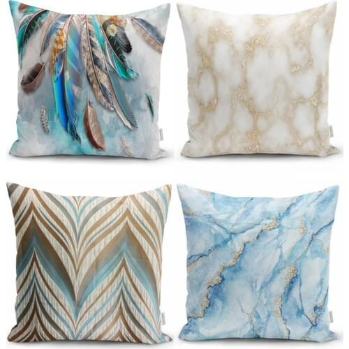 RealHomes 4'lü Blue Colors Matching Digital Printed Decorative Cushion Pillow decorate Case Set