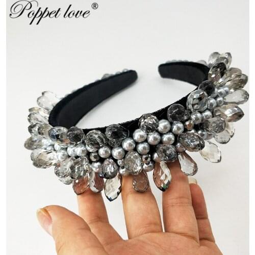 Luxury Vintage Bridal Crown gray Water droplets Pearls Headband Bride Headdress for Women Wedding Hair accessories Crystal Head