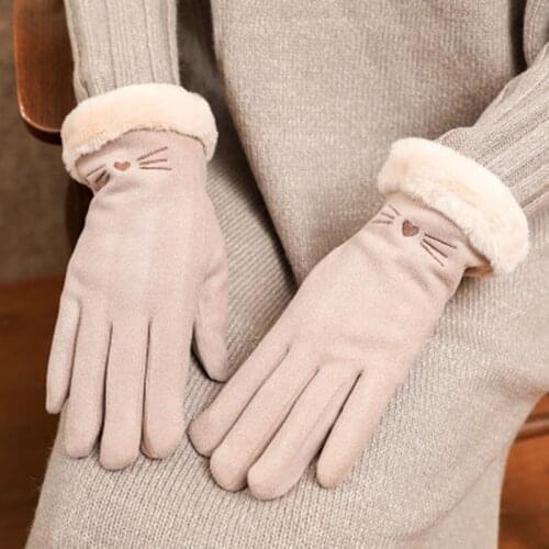 Cute Cartoon Cat Embroidery Velvet Thick Windproof Cycling Mittens Female Winter Plush Wrist Touch Screen Warm Driving Glove L6