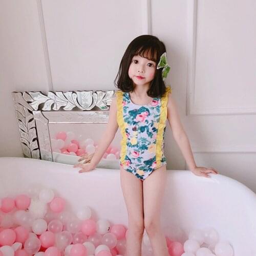 Girls Ruffles Printing One Piece Swimwear Baby Gallusus Beach floral Swimsuit