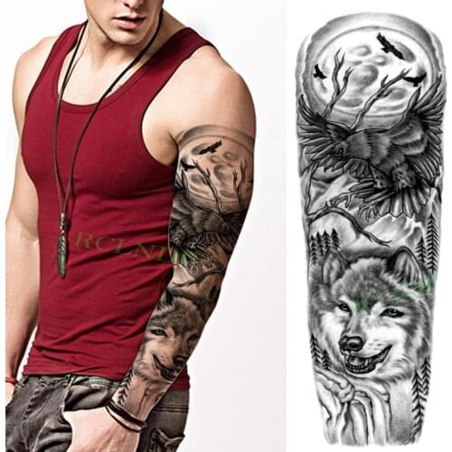 Waterproof Temporary Tattoo Sticker Eagle Bird Wolf Forest Full Arm Large Size Fake Tatto Flash Tatoo Sleeve Tato for Men Women