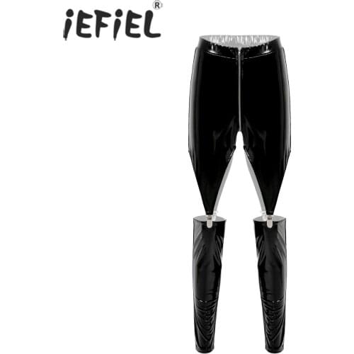 Women Fashion Patent Leather Cutout Leggings Skinny Zipper Crotch Long Pants Elastic Waistband Trousers Club Stage Show Costumes