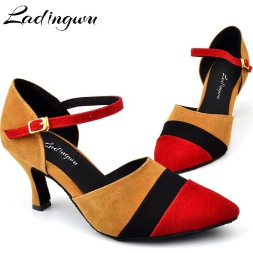 Ladingwu Latin Dance Pointe Shoes Closed For Women Flannel Salsa Ballroom Dancing Shoes Brown Green Black Dance Shoes 7.5/8.5cm