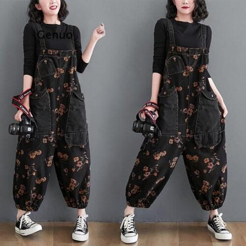 Loose Jeans Black Jumpsuit Women Casual Oversized Baggy Ladies Pants Big Pockets Print Floral Denim Overalls Straps Jean Rompers