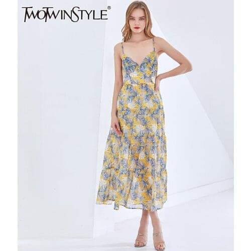 TWOTWINSTYLE Sexy Print Sling Dress For Women V Neck Sleeveless Backless High Waist Midi Dresses Female Fashion New Clothing