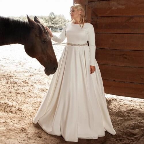 Plus Size Bridal Dress Satin Wedding Dress Elegant Long Sleeves O Neck Big Bride Gown Sweep Train Beading Belt Bridal Dresses