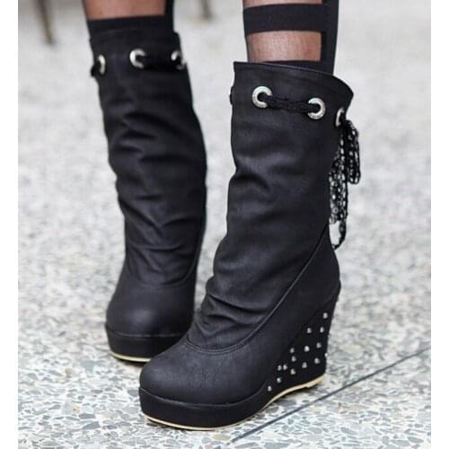 2021 Hot Lace Up High Wedge Heels Platform Mid-Calf Boots Punk Cocktail Party Shoes