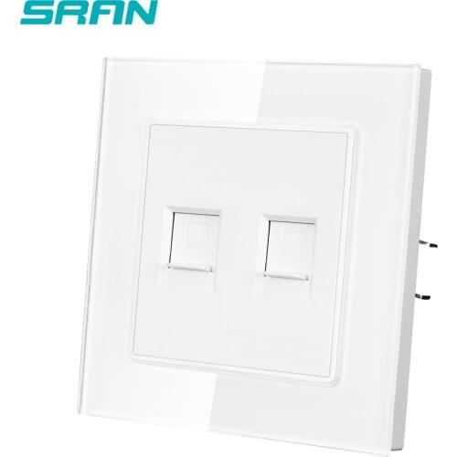EU dual Rj45 Socket ,White Crystal Tempered Glass Panel 82mm*82mm Household CAT6 Internet Interface Socket SRAN