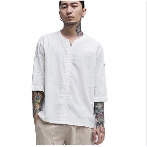 Linen t-Shirt men new summer half sleeve white tops&tee cotton linen chinese style Retro tshirt man clothing