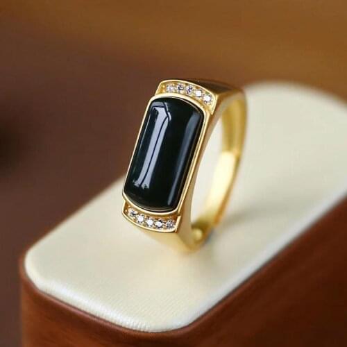 New Silver Inlay Natural Black Agate Moyu Retro Men And Women Couples Same Opening Adjustable Ring
