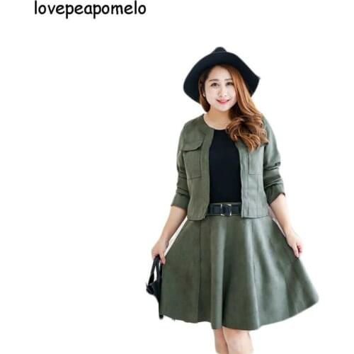Lovepeapomelo 2017 Spring and Autumn Women Dress Western Style 2Pcs Work Dress Elegant Black and Green Office Dresses 6XL D03