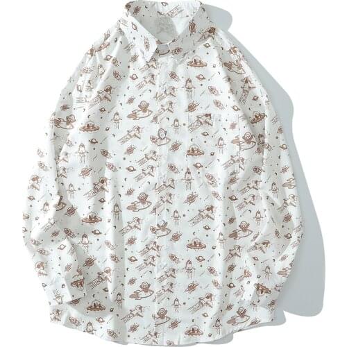 Spaceship Rocket Print Long Sleeve Shirt Men Harajuku Streetwear Hawaiian Beach Shirts Hip Hop Cotton Oversize Button Shirt Tops