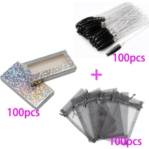 100 Sets Pink Eyelash Packaging Box Set with Drawstring Organza Faux Lashes Bag Wholesale and Disposable Mascara Wand In Bulk