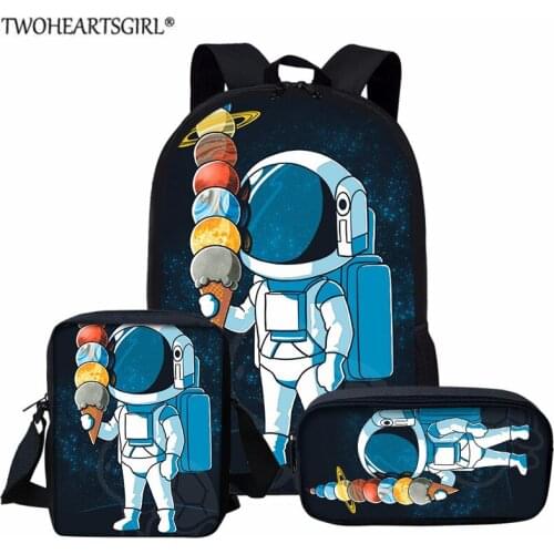 School Bags Set Bookbags for Teenage Boys Girls Cartoon Cosmos Planet Astronaut Print 3pcs Book Bags Black Orthopedics Backpack
