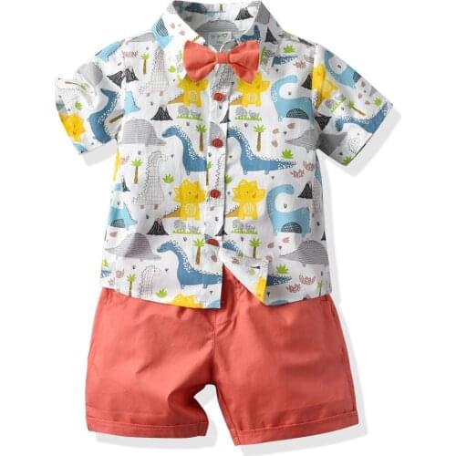 Boys Clothes 2021 New Boys Cartoon Dinosaur Short-Sleeved Shirt + Solid Color Shorts 2-Piece Set Children Summer Beach Shirt Set