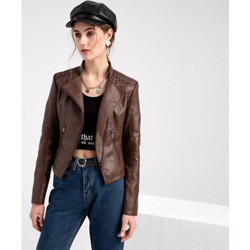 Autumn Women Faux PU Motorcycle Leather Jacket Biker Coffee Black Coat Turn Down Collar Jackets Loose Streetwear Outerwear