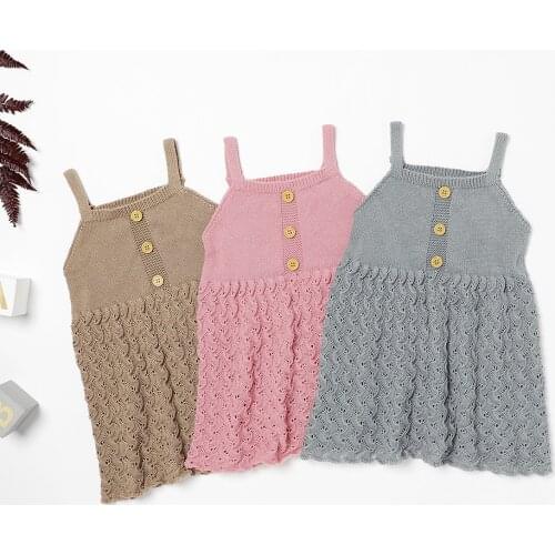 0-24M Baby Girl’s Casual Suspender A-line Dress Fashion Solid Color Button Knitted Princess Dress