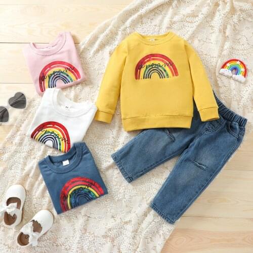 2 Pcs Infant Casual Outfits, Baby Girls Rainbow & Letter Pattern Long Sleeve Round Neck Pullover + Ripped Jeans with Pockets