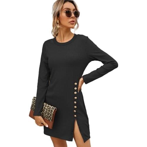 QINJOYER Women Elegant Dress Sexy Mini Party Dress Cotton Ribbed Knitted Mini Dress O-Neck Solid Split Long Sleeve Ladies Dress