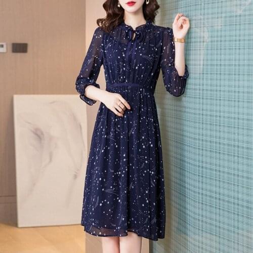 Plus Size Vintage Summer Dress Women Casual Ruffle Bow Star Print Chiffon Dress Ladies Elegant 3/4 Sleeve Mid-Calf Dress Robe