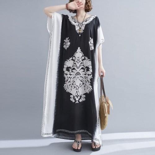 Plus Size WomenS Summer Dress 2021 New Cotton Print Long Dress V-Neck Vintage Loose Casual Dress Oversize Batwing Maxi Dresses