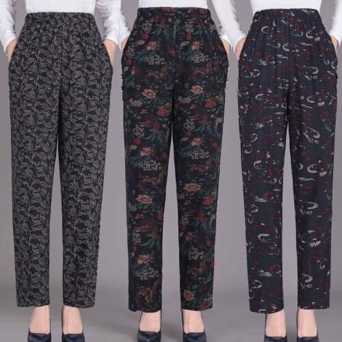 Spring Summer Women Trousers New Plus Size Middle-aged Mother Straight Pants Elastic Waist Casual Printing Female Trousers