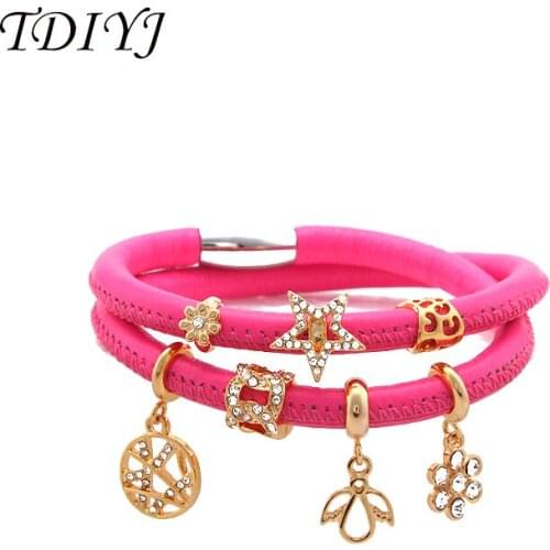 TDIYJ New Arrival 1Set Rose Red Magnetic Clasp Double Loop Genuine Sheepskin Leather Story Bracelet with 7Pcs Gold Story Charms
