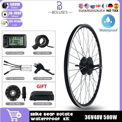 36V48V500W Rear Rotate Brushless Gearless Hub Motor Wheel Rear Fork Size135-142mm Electric Bike Conversion Kit Waterproof Plug