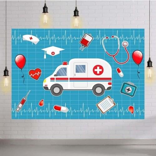 Doctor Nurses Theme Backdrop Hospital Doctor Cartoon Ambulance Pill Hearing Aid Print Backdrops for Photography Studio Banner