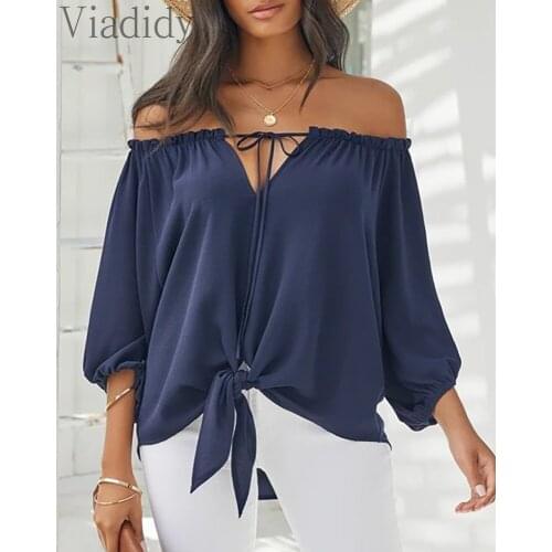 Women Summer Chiffon Blouse Half Sleeve Off Shoulder Top