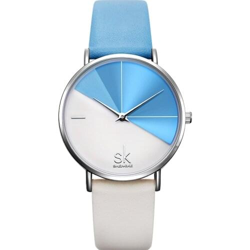 Shengke Blue Leather Strap Fashion Women Dual Color Quartz Wrist Watch Round Dial Analog Simple Stylish Watch Dating Love Watch