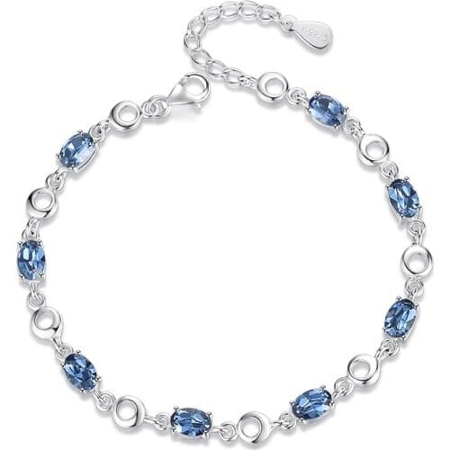S925 Sterling Silver Color Bracelet for Women Blue Saphire Topaz Crystal Gem Stone Charms Link Chain Bangles PULSERA PARA MUJER