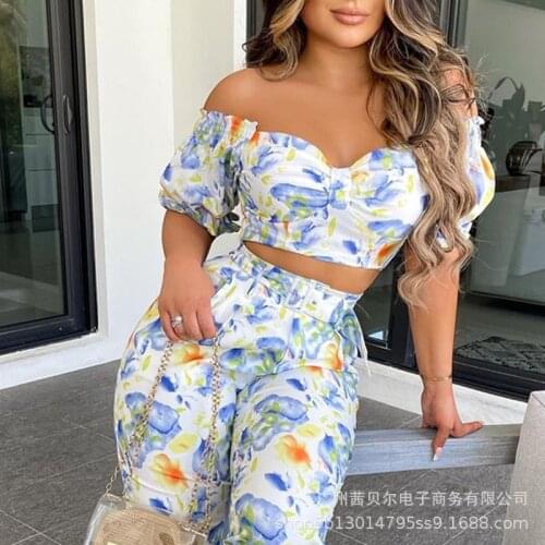 2021 womens summer new coat + trousers 2-piece suit fashion printed suit short piece one-piece collar