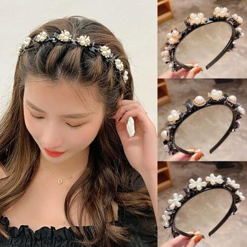 CYGJFC Woman Elegant Pearl Hairband With Clips Floral Shape Double Bang Twist Bezel Women Hair Accessories Headwear Turban