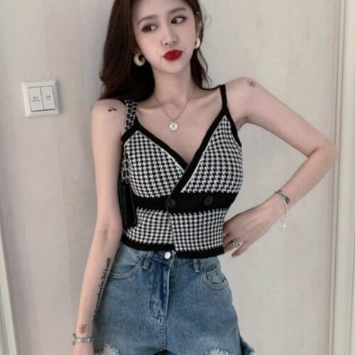 Women Sexy Knitted Crop Top Crop Sleeveless Cropped Vest Slim Sling Knitted Tank Top V-neck Plain Camisole High Elastic Camis