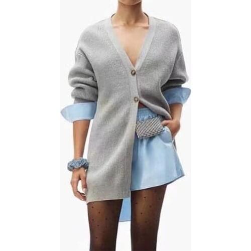 Women Sweater 100% Cotton Stitching Shirt Contrast Color Cardigan Pullover Long-sleeved Silhouette Loose Solid Color Top