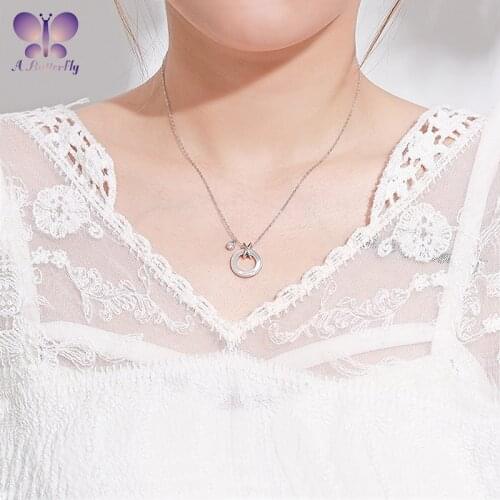 A Butterfly 100% 925 Sterling Silver Circle Necklace Pendant Fashion Girl Necklace High Quality Mother Shell Pendant